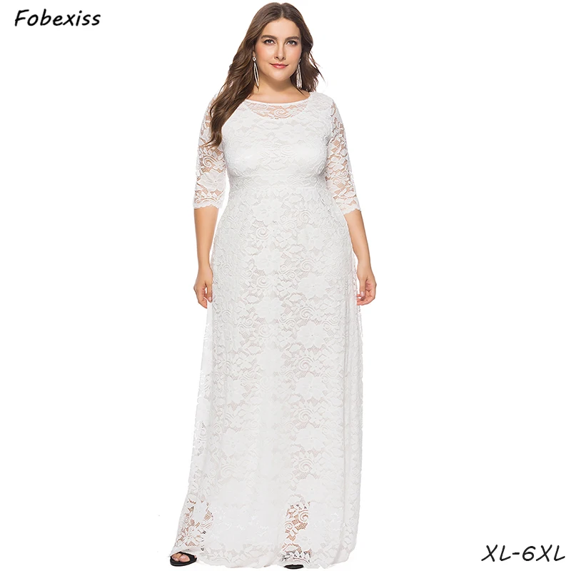 

White Lace Maxi Dress Plus Size Loose Elegant Party Dress 6XL O Neck 2 layer High Waist Slim Romantic Floor Long Dress 2019 Spring Autumn Clothes Casual Women Dress