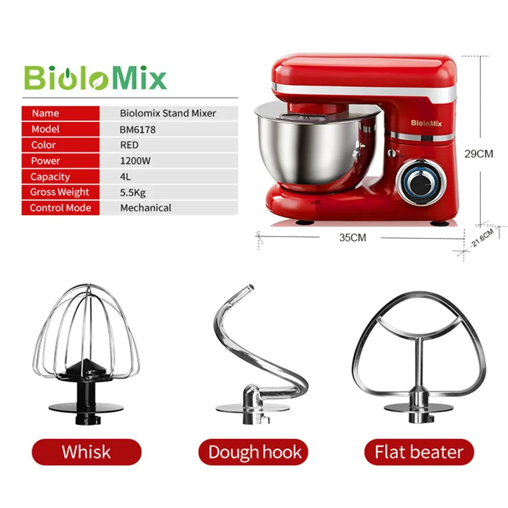 1200W 4L Stainless Steel Bowl 6-speed Kitchen Food Stand Mixer  Whisk Blender Maker Machine Led blue light 6 speeds knob