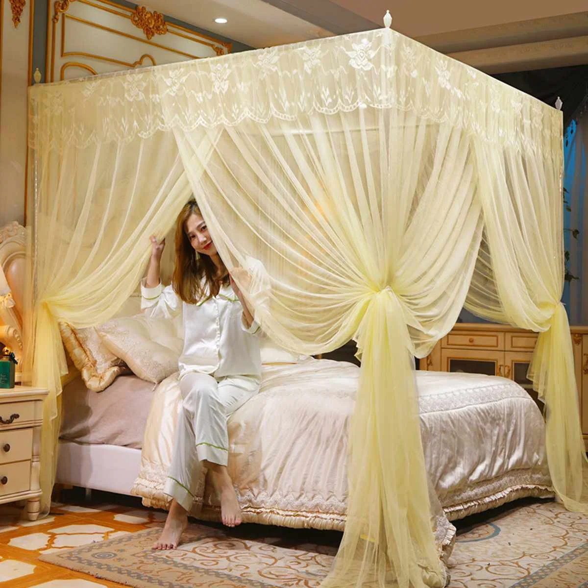 4 Corners Princess Lace Canopy Mosquito Nets No Frame For Queen King