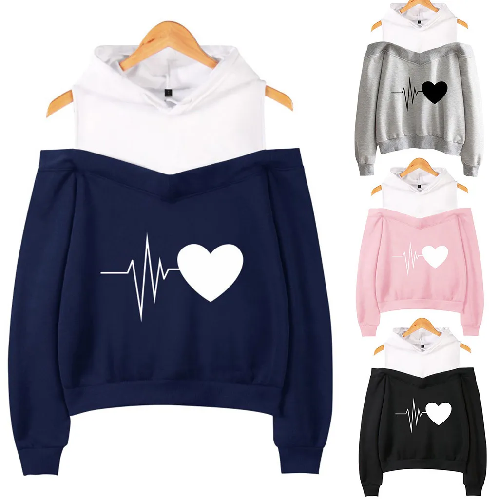 

Autumn Hoodies & Hooded Women Off Shoulder Heart Print Loose Hooded Sweatshirt Fake Two-Piece Blouse sudadera mujer