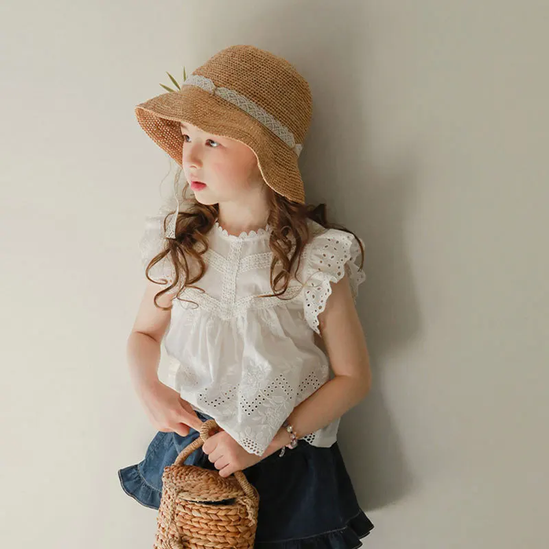 Summer girls blouses new korean style fly sleeve cotton linen tops baby girl lace tshirts best T-Shirts T-Shirts