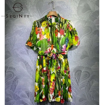 

SEQINYY 100% Silk Dress 2020 Summer Spring New Fashion Design Women Cactus Flowers Print Green High Quality Runway Mini Dress