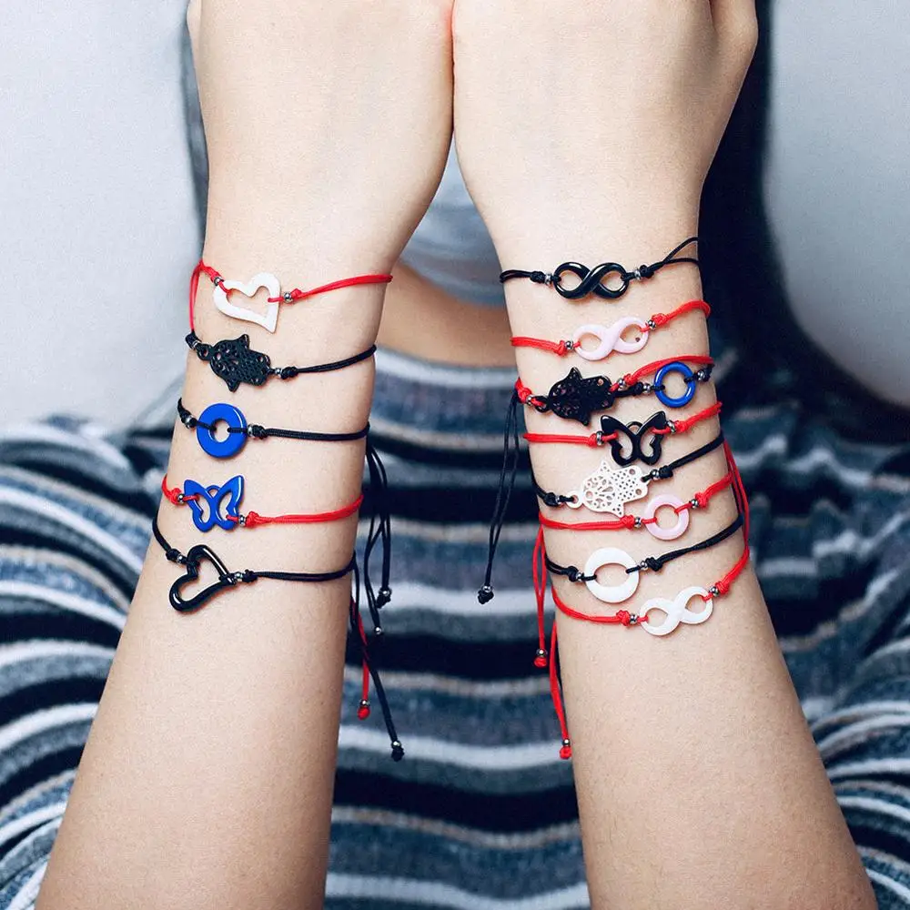 Pulseiras para Casais para Mulheres dos Homens de Estilo Moda Cerâmica Sorte Charme Pulseira Corda Vermelha Fina Linha Trança Aleatório 10 Pçs – Set