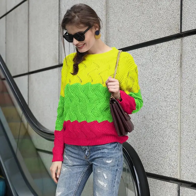 Tanie 2019 jesień Hollow Out O Neck swetry damskie sweter Plus rozmiar 3XL Criss krzyżowana dzianina sweter kobiety Rainbow sweter damski