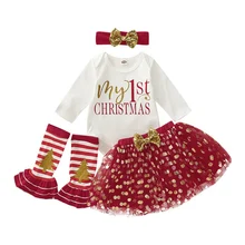 Рождественская одежда для маленьких девочек; комбинезон с длинными рукавами и буквенным принтом; сетчатая юбка в горошек; комплект с гетрами и повязкой на голову