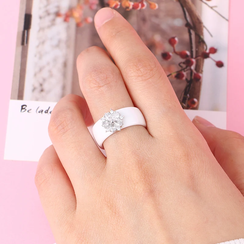 New White Flower Cubic Zircon Rings For Women Girls Fashion Party Ceramic Rings Crystal Bague Jewelry Christmas Gift