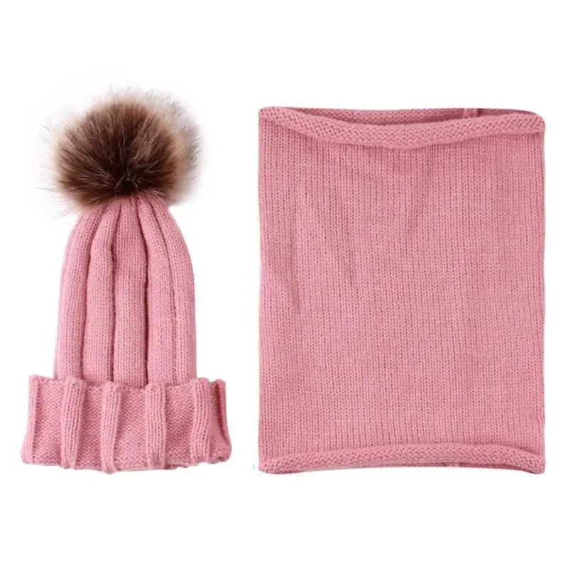 2 шт./компл. симпатичный комплект для новорожденной девочки зимняя теплая вязаная шапка для мальчиков и девочек, детская одежда с помпоном шерстяная шапка и шарф, набор - Цвет: Pink