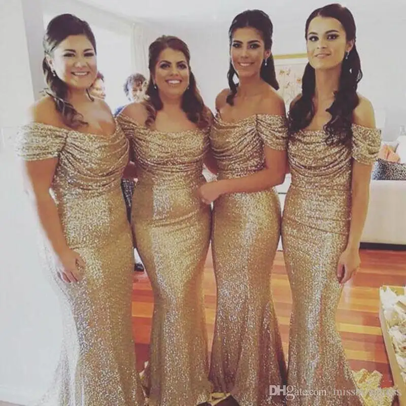 

Gold Sexy Off-Shoulder Sequin Mermaid Long Bridesmaid Dresses Ruffles Evening Dresses Wedding Guest Bridesmaid Gowns Plus Size