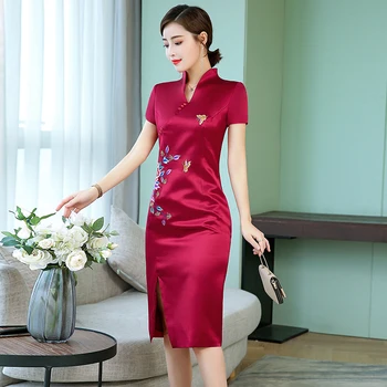 

Modern design wine red Qipao evening embroidery dresses