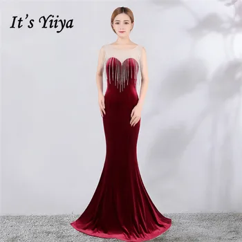 

O-Neck Evening Dress It's Yiiya DX395 Tassel Sleeveless Mermaid Illusion Women Party Dresses Plus Size Burgundy Robe De Soiree