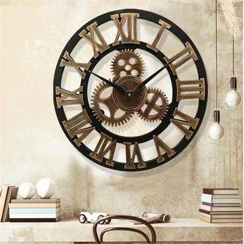 

3D Wall Clock large Classic Vintage Wooden Retro Gear Hanging Clock Roman Numeral Horologe European Style Decor Living Room