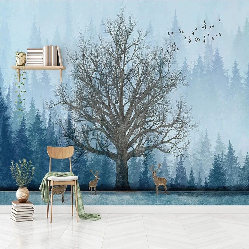 Photo Mural Wallpapers Papel De Parede  Nordic Abstract Forest Big Tree Elk Mural Living Room Sofa Background Wall Home Decor