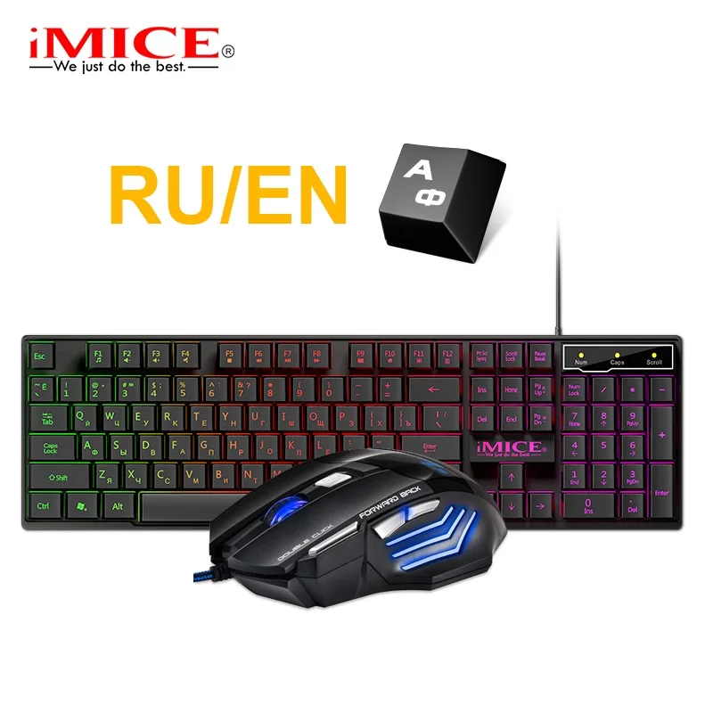 Teclado para videojuegos y ratón con cable para PC, con retroiluminiación, kit para jugadores de Rusia, ratón silencioso de 5500 dpi, para portátil