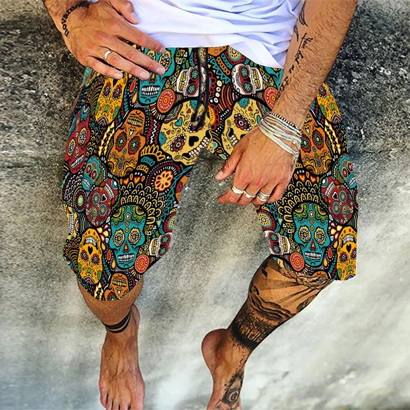 Pantalones cortos de lino y algodón con estampado de calavera para hombre, Shorts informales holgados con cordón para playa, moda urbana, talla 4XL, verano 2021