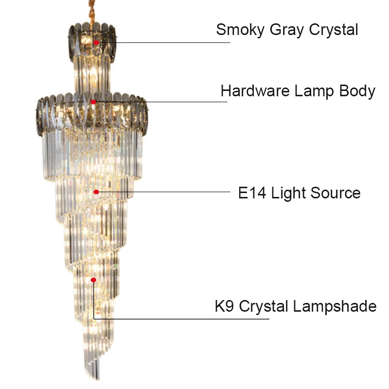 Lustres de Cristal Pendurada para Hotel Luxo Moderno Iluminação Brilho Smoky Cinza - Âmbar Design Espiral Lâmpada Decoração Casa E14 7 Luzes de pendentes