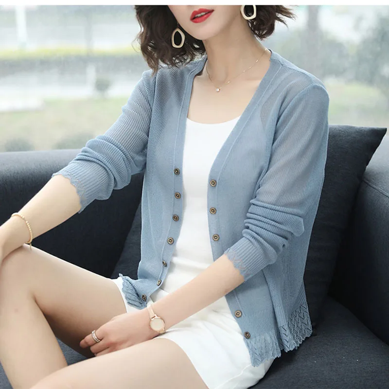 

Casual Women Summer Knitted Cardigan Thin Long Sleeve Open Stitch Short Sleeve Korea Solid Free Size Thin Cardigans Femme