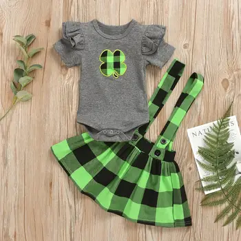 

Baby Girl 0-24M Kids Cotton short sleeve leaf print top + green plaid dress 2PC Outfits