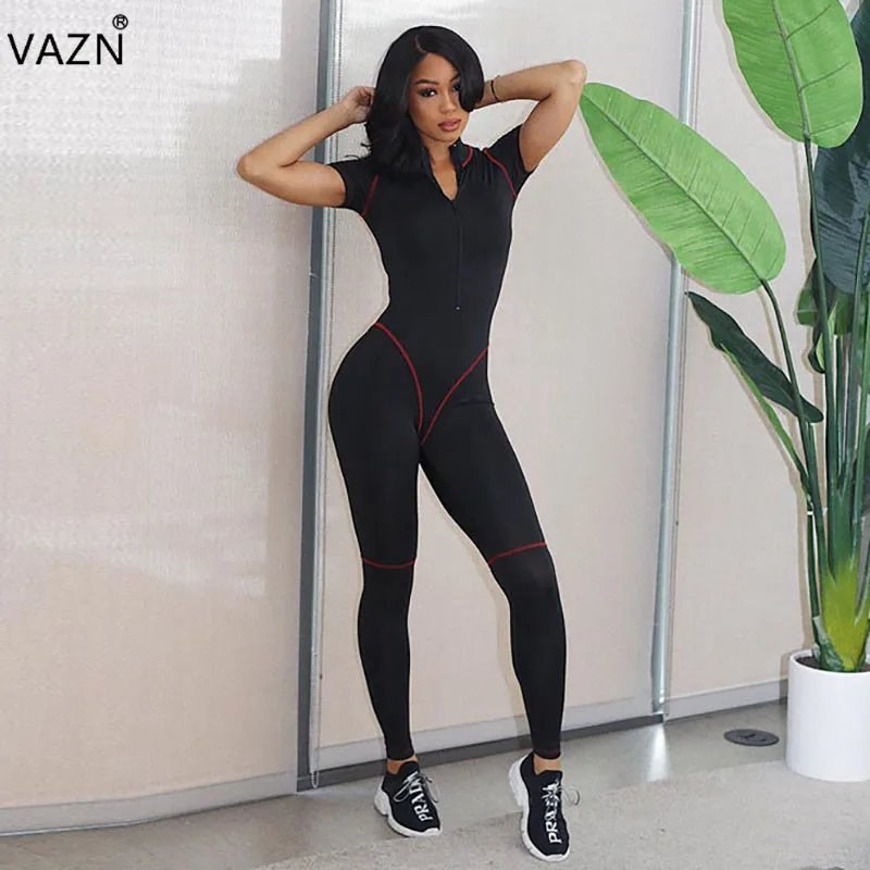 VAZN JY00128 Горячая фитнес возраст снижение сексуальный Свободный модный однотонный с коротким рукавом и молнией женский эластичный тренировочный костюм комбинезоны