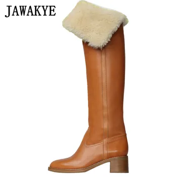

New Lambs Wool soft leather Over the knee high boots women winter fur Knight boots Warm Roll Wool Chunky Heels long Winter boots