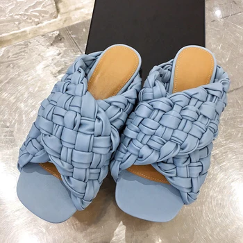 

Weave Slippers Women Cross-tied Mules Shoes Women Real Leather Luxury Shoes Women Designers Flat Slides Fashion Gladiator Shoes