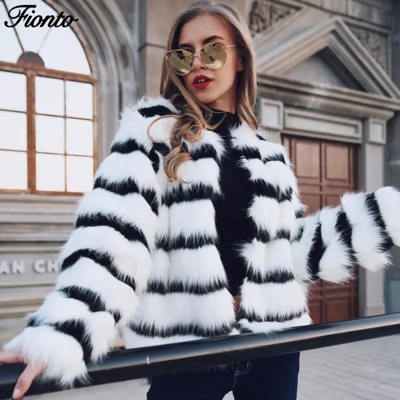 

FIONTO Popular Black and White Striped Imitation Fur Coats New Autumn Winter Faux Fur Coat Long Sleeved Women Wear CA2290/5