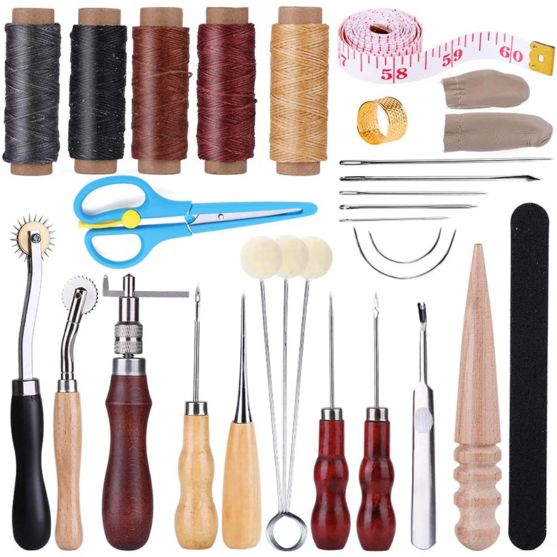 Miusie Leather Sewing Tool Kit With Waxed Thread, Leather Needles And