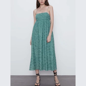 

NEW WOMEN TEXTURED DRESS Midi dress straight-cut neckline thin straps Featuring lining matching raised appliqués