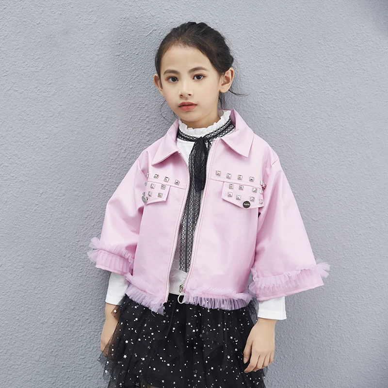 INS/Лидер продаж, куртка из искусственной кожи для маленьких девочек свободное кожаное пальто с жемчужными заклепками и короной для отдыха Корейская осенне-зимняя кожаная куртка для детей от 4 до 11 лет