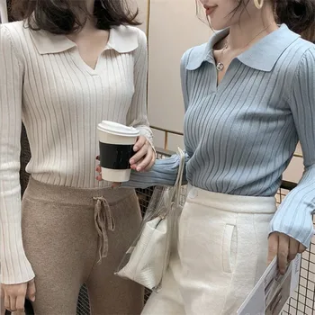 

BEFORW Autumn Winter Lapel Sweater Women Pullovers 2019 Korean Fashion Long Sleeve Knitted Sweaters High Elastic Solid Tops
