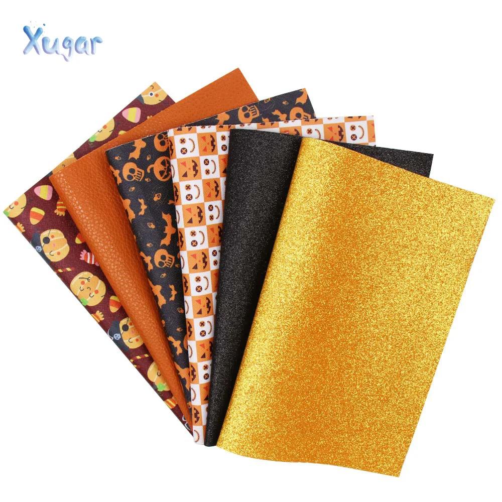 

Xugar 6pcs 22*30cm Halloween Synthetic Leather Sheet Glitter Fabric Faux Leather for DIY Hair Bow Bags Accessories Crafts Fabric