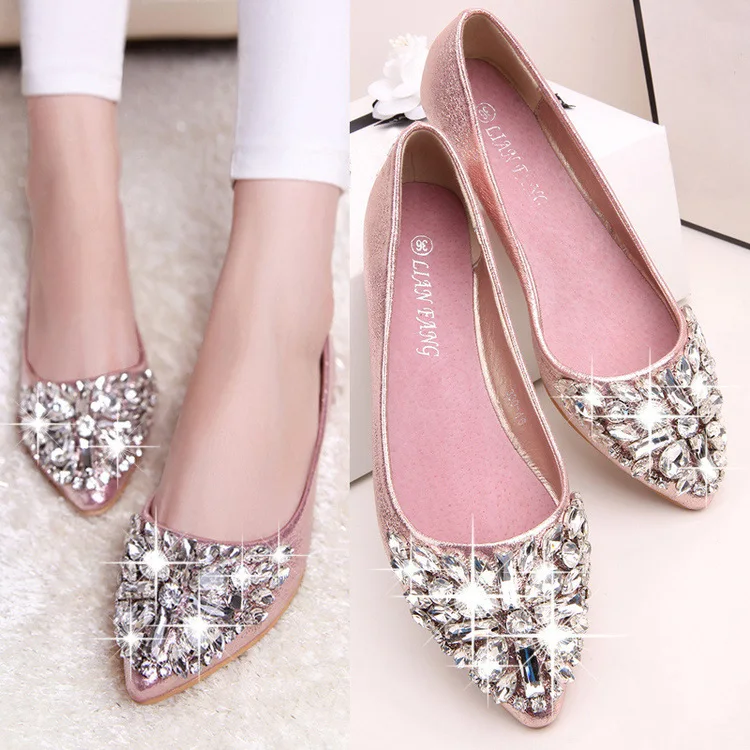 

2019 Casual Flat Keel Thin Shoes Korean-style Versatile Man-made Diamond Pointed Shallow Mouth New Style Women's Moccosins Women
