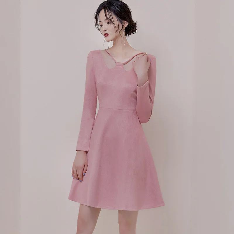 

Autumn Dress of 2019 New Style Dress Temperament Deerskin Velvet Retro Shoulder-digging Slim Zippers Dress Women