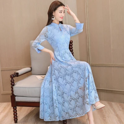 light blue Кружевное женское платье весна и осень новое ретро улучшенное Чонсам длинное однотонное тонкое женское элегантное вечернее платье vestidos f253 - Цвет: light blue