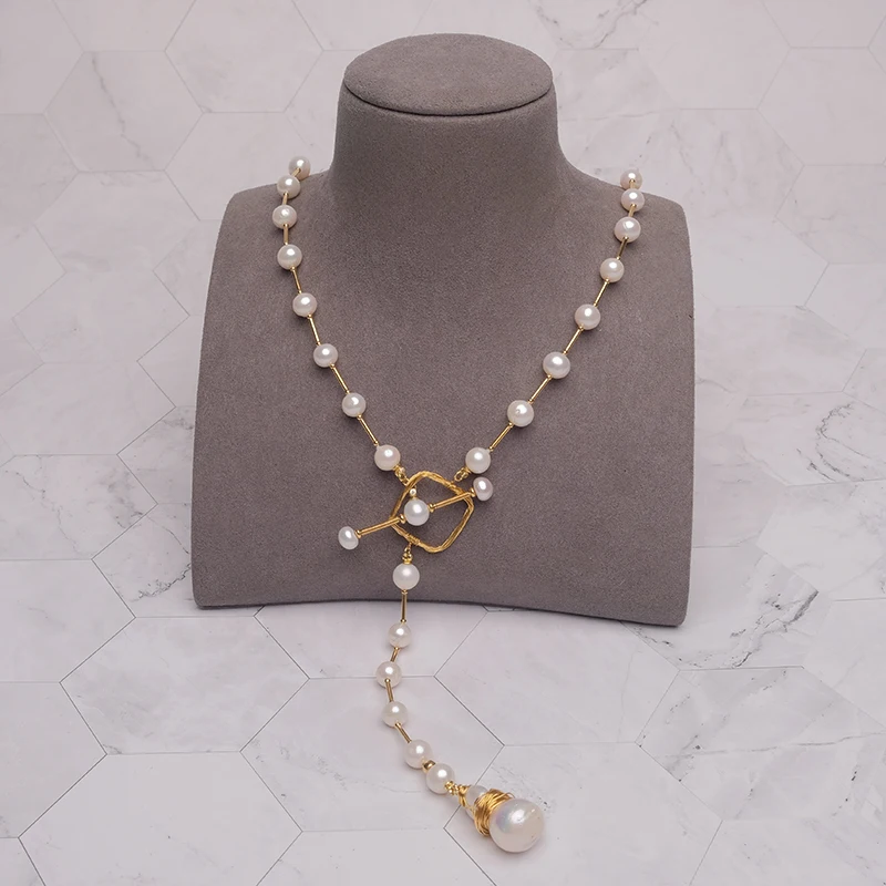 Модное Длинное жемчужное ожерелье с геометрическим дизайном Amorita