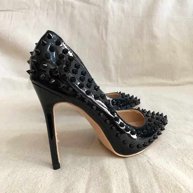 Veowalk Black Matte Women Full Punk Rivets Pointed Toe High Heels Sexy Ladies Spikes Stilettos Pumps Woman Club Party Shoes 4