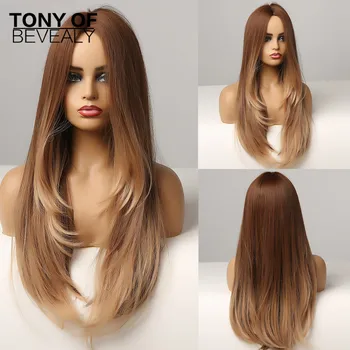 

Long Wavy Layered Synthetic Hair Wigs Middle Part for Afro Women Ombre Brown Cosplay Wigs Heat Resistant Natural Hair Wigs