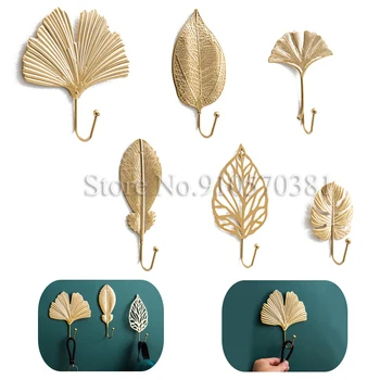 

Metal Leaf Shape Hook Door Wall Wardrobe Clothes Bag Scarf Hanger Keys Creative Mini Hanging Single Coat Decor Golden