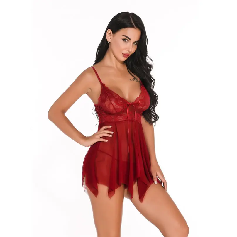 1 Set Sexy Lingerie for Women Erotic Transparent Babydoll Lace V Neck Mesh Sleepwear Dress Lingerie сексуальное белье 3Y29 (17)