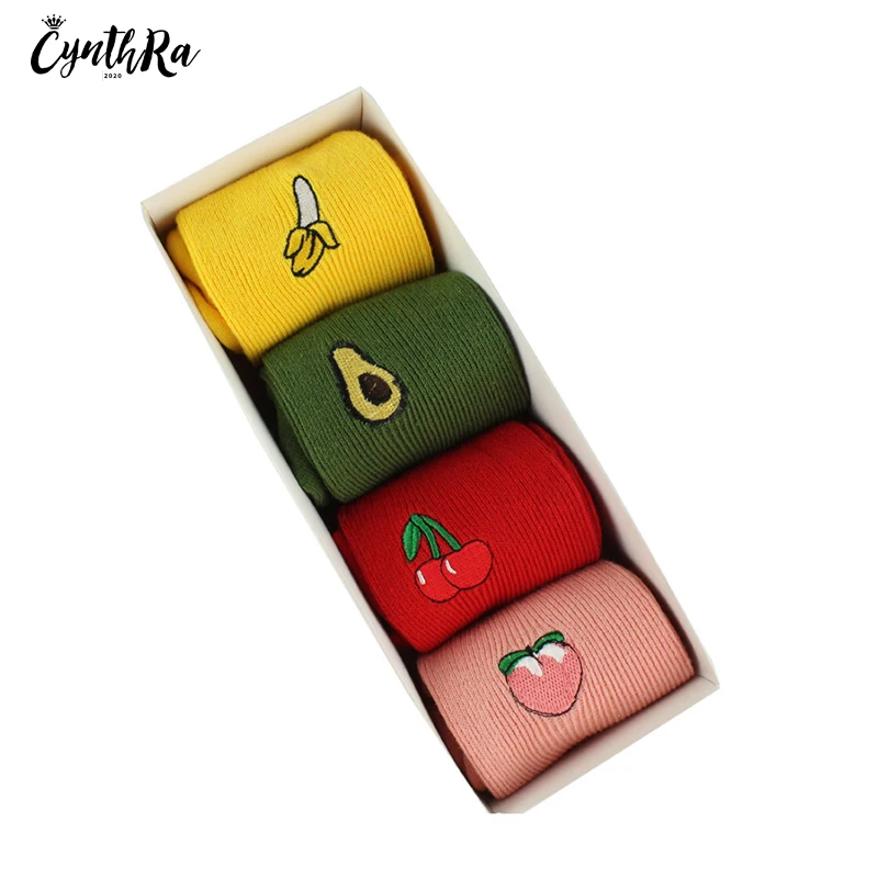 CYNTHRA 4pairs Woman Cute Socks Japanese  Embroidery Fruit Cotton Korean Style Long Tube Retro Female Socks Student Kawaii Hot