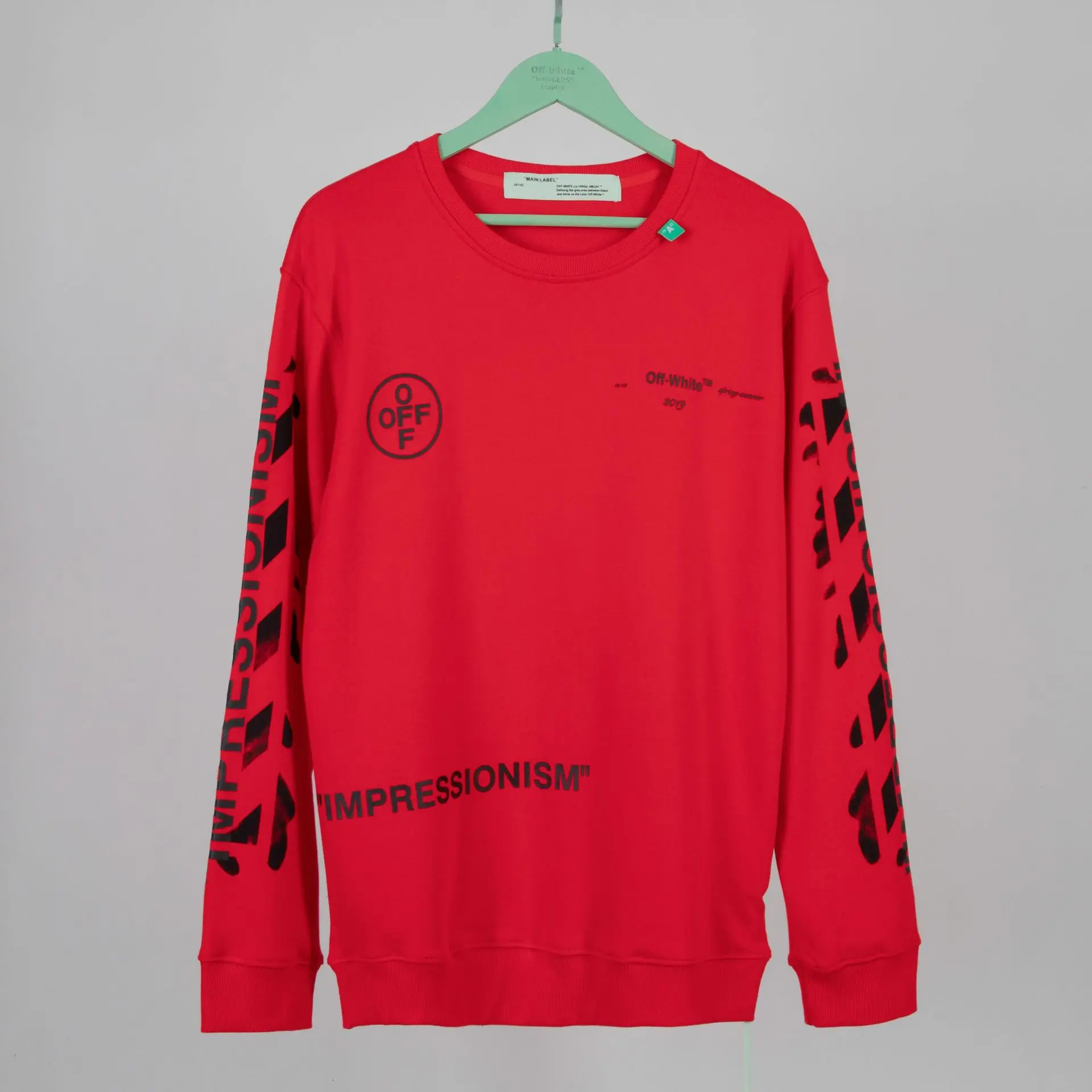 OFF-WHITE OW Весна и лето 99 лет краска пара мужская хлопковая толстовка с круглым вырезом - Цвет: Красный