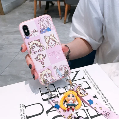 Для iPhone 11 pro милый 3D Сейлор Мун чехол для телефона iPhone 11/11 pro Max Мультфильм задняя крышка+ ремень+ игрушка - Цвет: As shown in