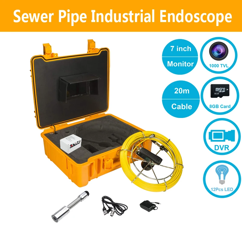 

20M/40M Cable Waterproof Sewer Pipe Industrial Endoscope Inspection System With DVR Function 23mm 7" Screen Monitor 12pcs LEDS