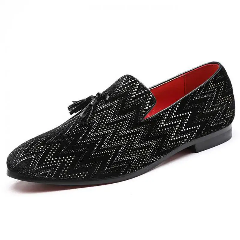 

37~48 Plus Size Black Suede Crystal Striped Fringed Loafers Men Pointed Toe Slip On Dress Shoe Tassel Mens Formal Wedding Shoes