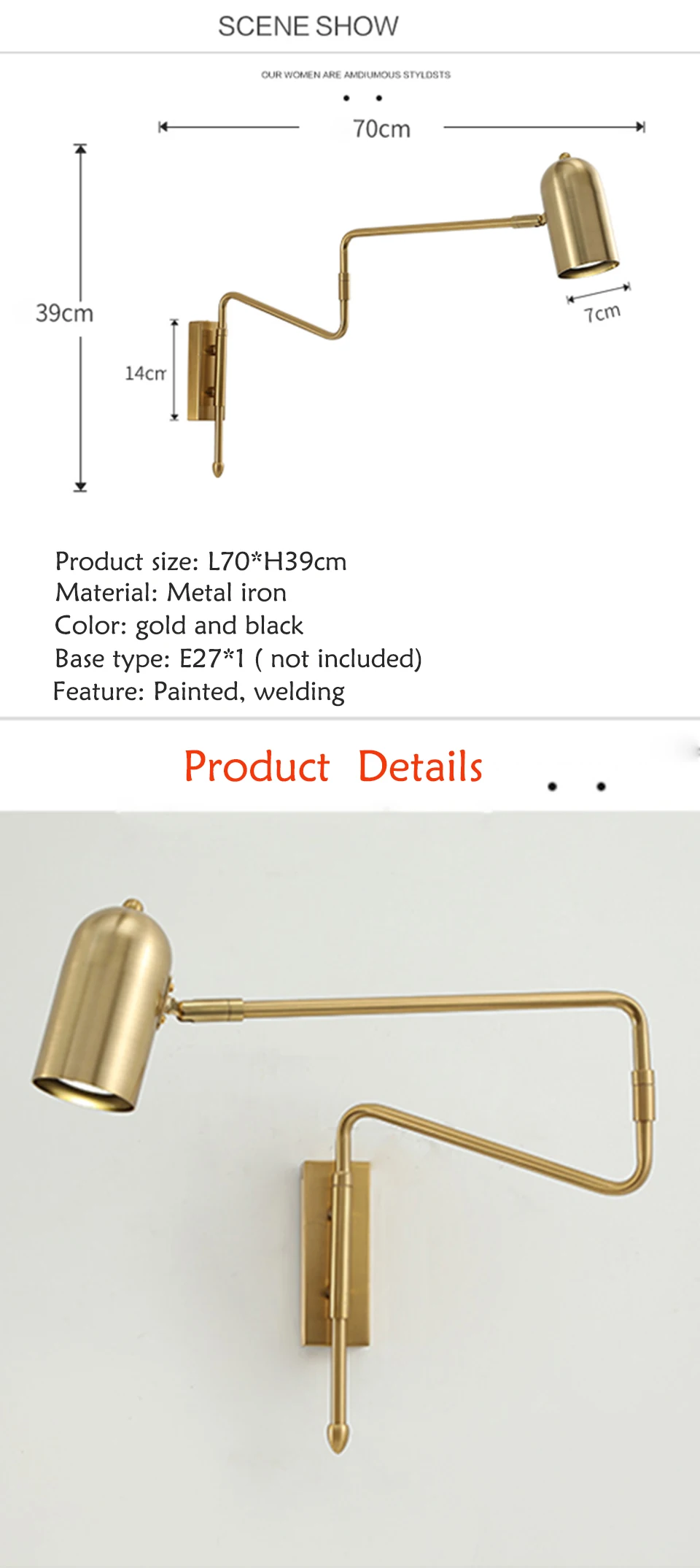 Industrial Adjustable Long-Arm retractable wall lamp Creative with switch Reading Bedside E27 lights Fexible Folding Black Gold