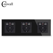 COSWALL 3/4 банда Россия Испания стандарт ЕС розетка+ двойное зарядное устройство USB порт скрытый мягкий светодиодный индикатор рыцарь черная стеклянная панель
