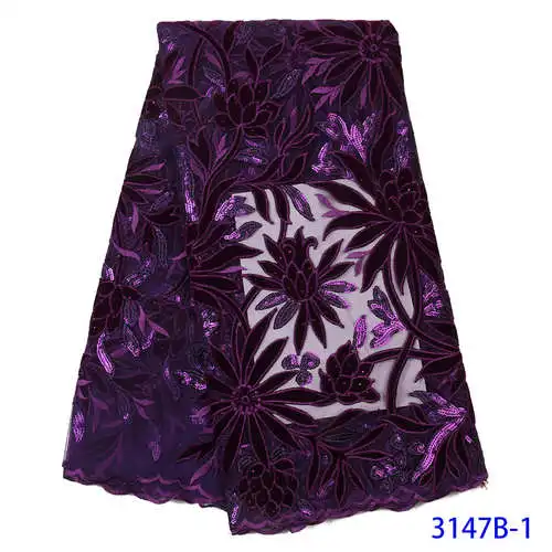 3147B-1 Purple Velvet Lace Fabric Embroidery Nigerian African Lace Fabric with Sequins High Quality Women Sequence Lace Fabric APW3147B - Цвет: 3147B-1