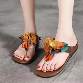 

YourSeason Genuine Leather Female Summer Flip Flops Shoes Outside Wear Flat With Sewing Women 2020 New Floral Slippers