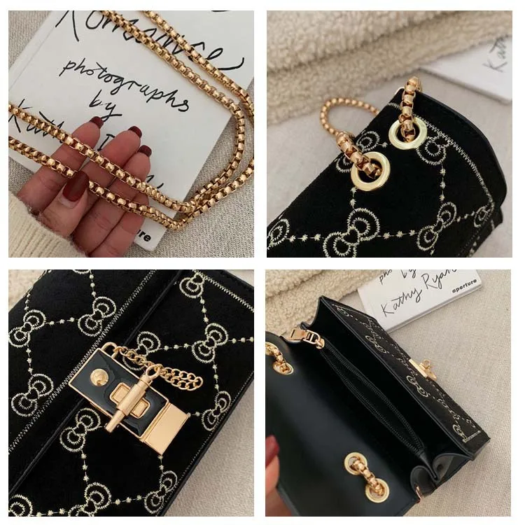 

2019 Autumn & Winter New Style WOMEN'S Bag Sweet Ladies' Woolen Square Sling Bag Cool Lock Embroidered Bow Pattern Package