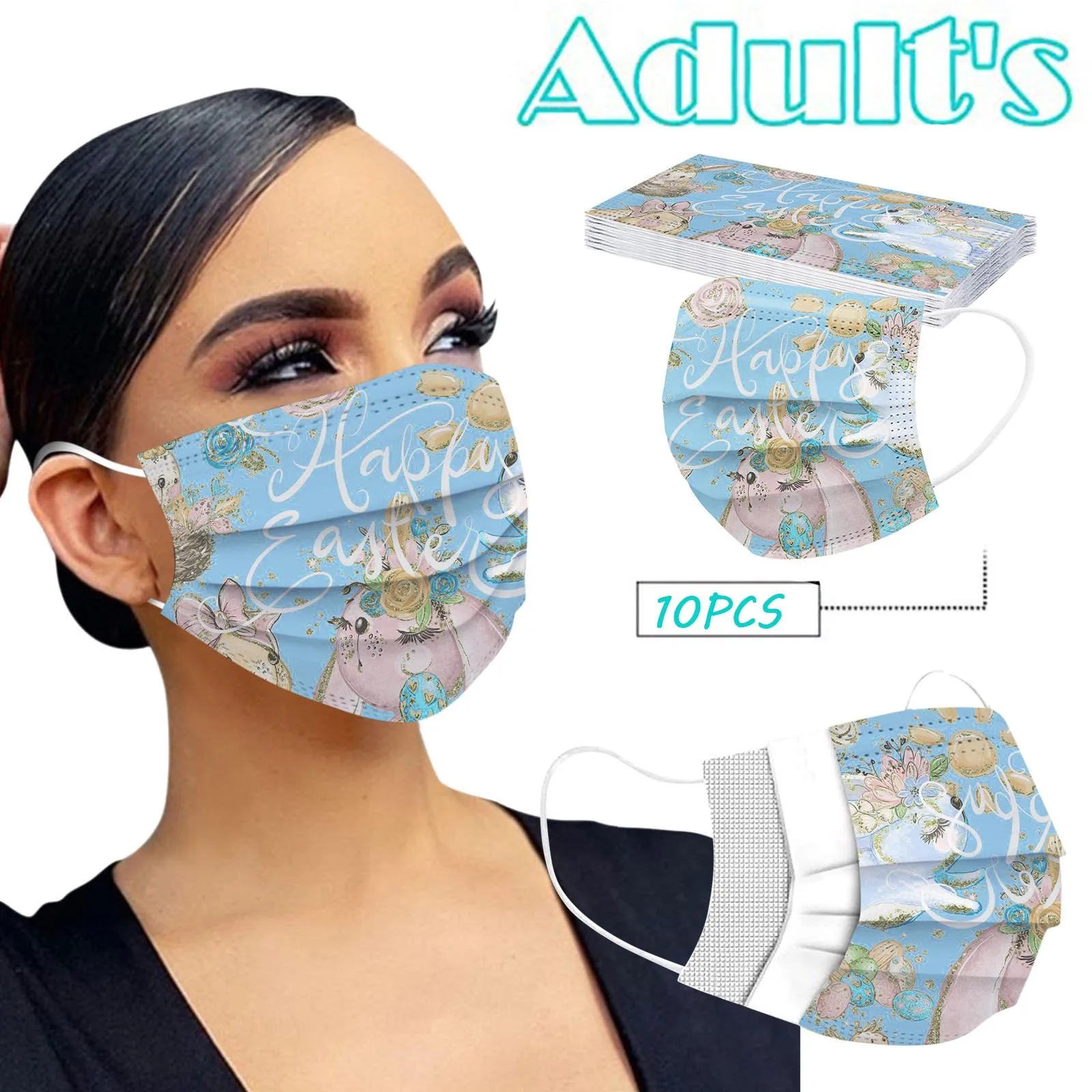 

Headband mascarillas masque 10PCS Adult Easter Bunny Eggs Printing Three Layer Protective Breathable Mask маска на рот бандана