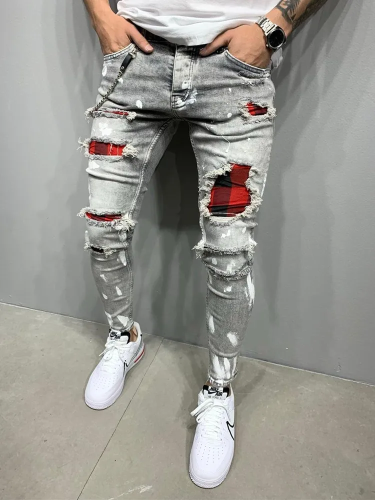 

Hot Skinny Jeans Ripped Grid Stretch Denim Pants Elastic Waist Hip-hop Print Jogging Pencil Patchwork Pants Casual jeans S-3XL